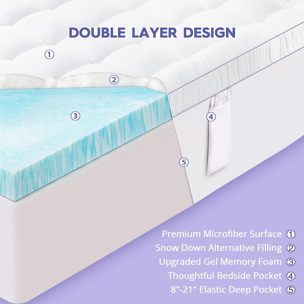 ABENE Queen Size Dual Layer 3 Inch Memory Foam Mattress Topper, 2 Inch Gel Memory Foam Plus 1 Inch Down Alternative Pillowtop Mattress Pad Cover, Thick Soft Bed Topper Support for Back Pain
