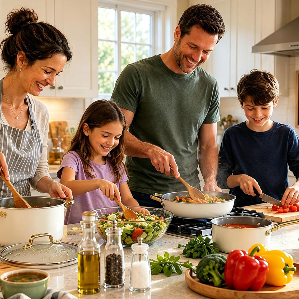 Ceramic Nonstick 10pc Cookware Pots and Pans Set,PFAS & PFOA Free, Dishwasher &Oven Safe, All Stovetop Compatible（electric,gas,induction), Tempered Glass Lids, Stay-Cool Handles for even heat.
