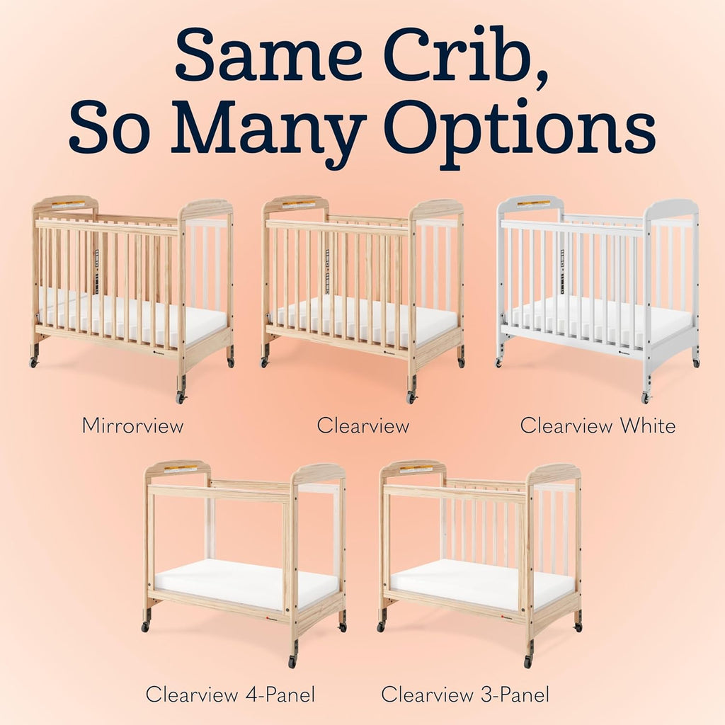 Foundations Serenity Compact Clearview Daycare Crib, Fixed Side, Durable Wood Construction, Adjustable Mattress Board, Clear End Panels. Includes 3” InfaPure Foam Mattress (Natural)