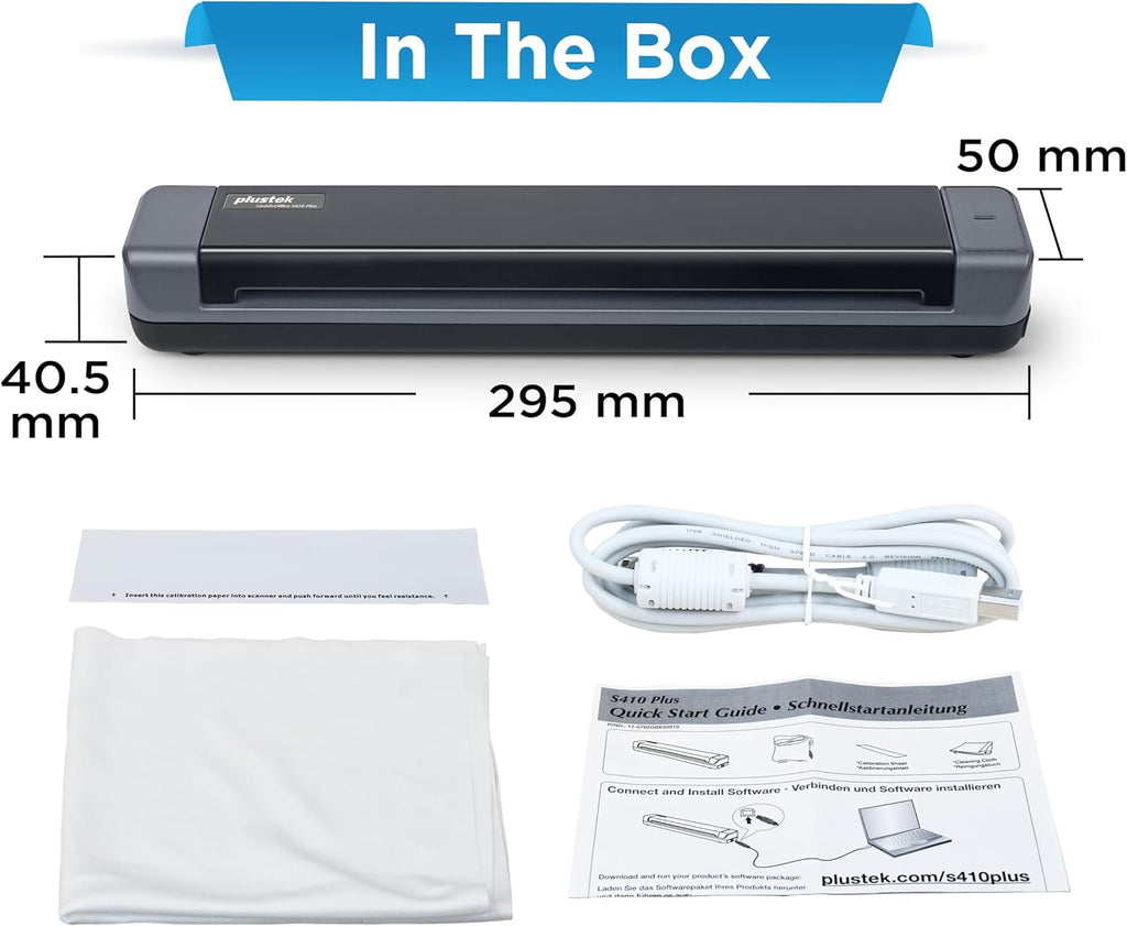 Plustek Mobile Scanner S410 Plus - Portable Sheet-Fed Document Scanner - for Windows 7 / 8 / 10 / 11, Featuring Button-Free Scanning with Included OCR Software