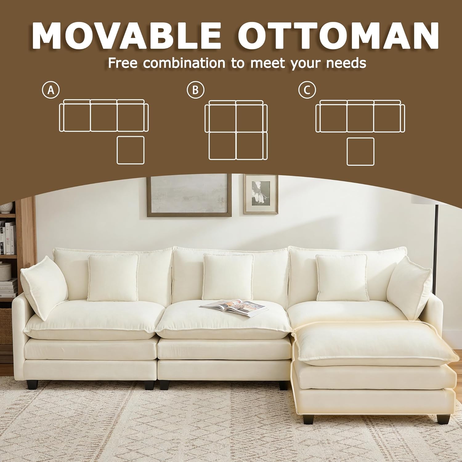 113” Modular Sectional Sofa, L Shaped Cloud Couch with Movable Ottoman, Comfy Chenille Deep Seat Sofa with Throw Pillows, 4 Seat Modern Couches for Living Room Bedroom Apartment, Beige