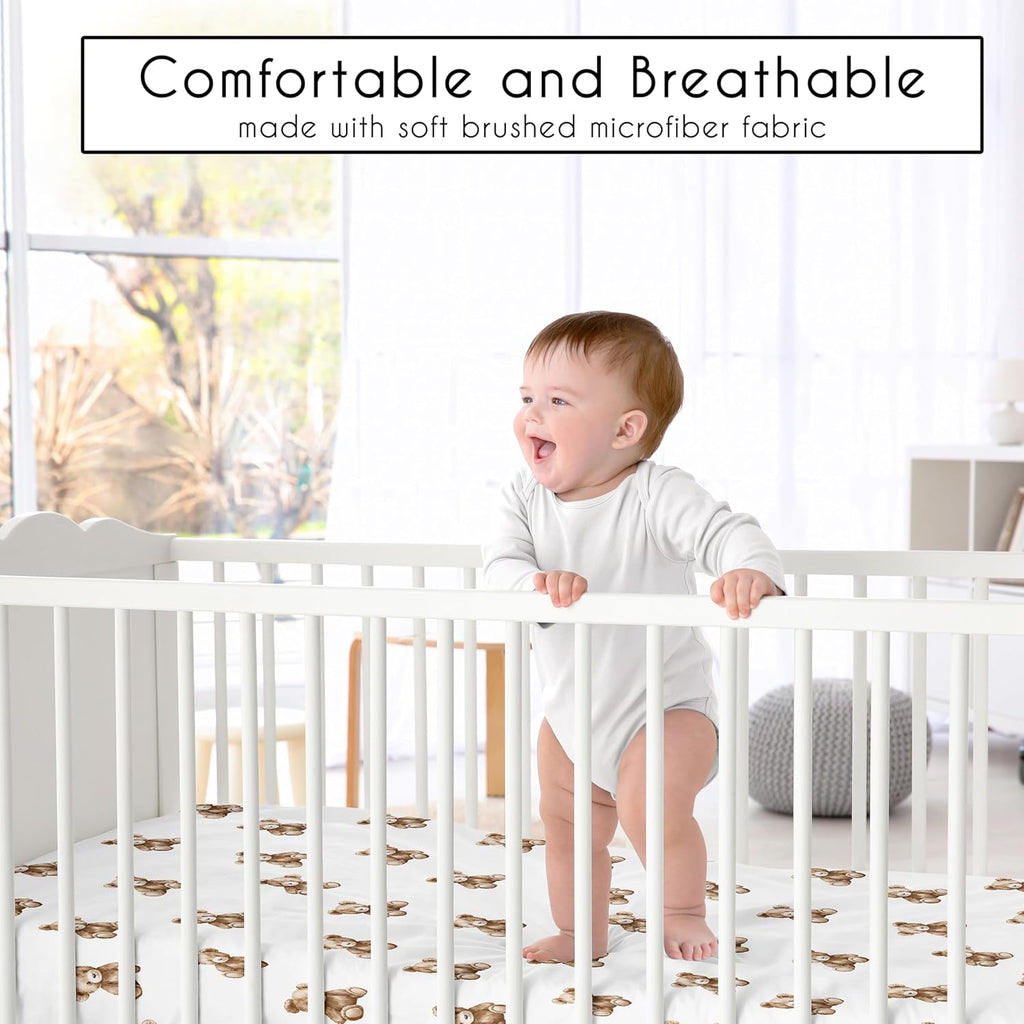 Sweet Jojo Designs 4-Piece Baby Crib Bedding Set (Boho Teddy Bear) for Boys/Girls, Infants/Nursery incl. Blanket, Fitted Sheet, Skirt, Diaper Stacker (Brown, Watercolor, Classic, Wholesome Aesthetic)