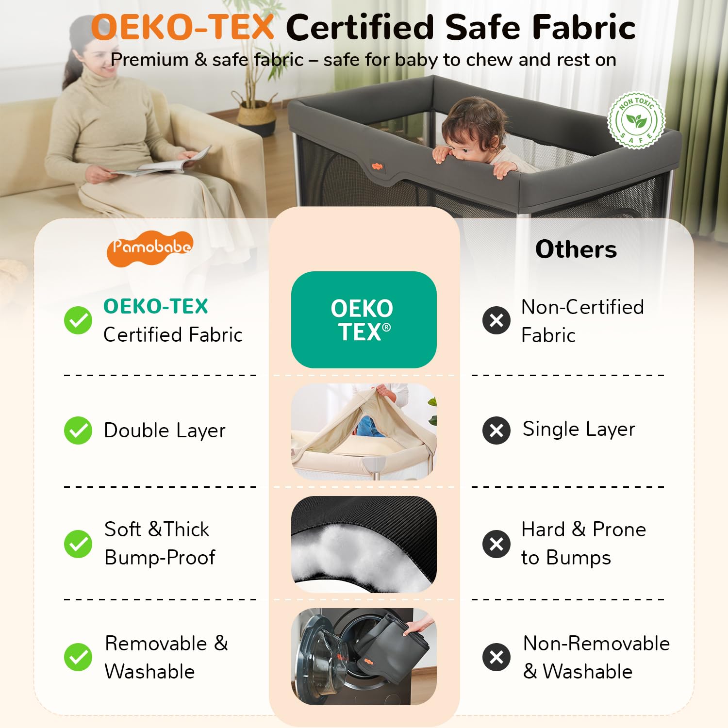 Pamo Babe 6-in-1 Pack and Play with Bassinet, Deluxe One-Step Setup Baby Bassinet with Changing Table, Sleeper Nest, Storage Bag, 4 Wheels Portable Crib Travel Playpen for Baby and Toddler (Gery)