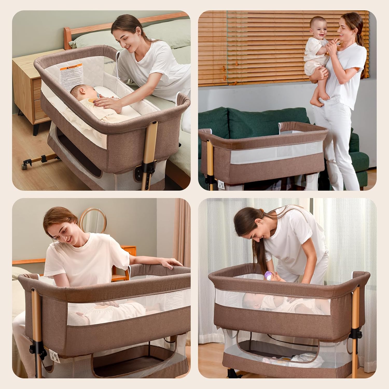 Soobaby 3 in 1 Baby Crib, Bassinet Bedside Crib Adjustable Portable Bed for Infant,Baby Newborn Must Have Bed,Khaki