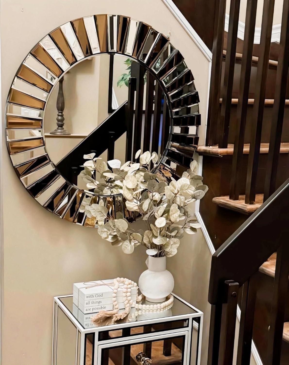 Round Wall Mirror Decorative Sunburst Silver-Brown Crystal Edge 32 inch