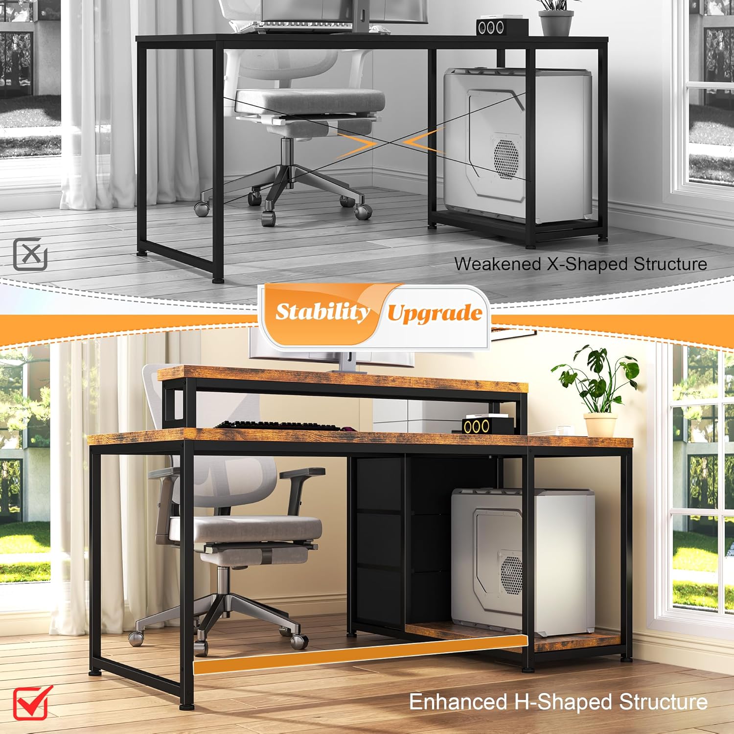 EnHomee 40''L Shaped Desk with 3 Drawers, Computer Desk with Monitor Stand, Small Gaming Desk with Power Outlet, Corner Desk with LED Lights for Gaming, Home Office, Study Room, Rustic Brown