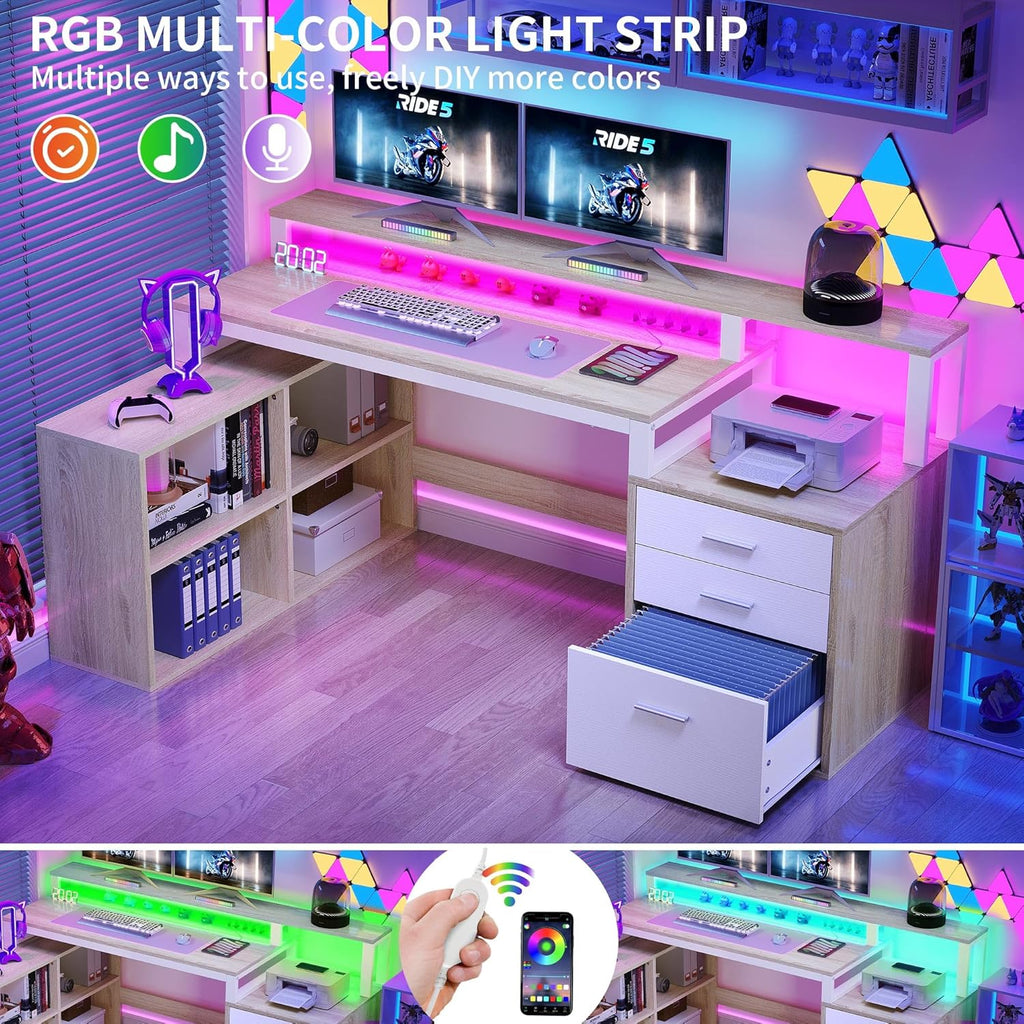 DWVO L Shaped Desk with Drawers, 65" Computer Desk with Power Outlets & LED Lights, Corner Home Office Desk with Storage Shelves & Printer Stand, White & Oak