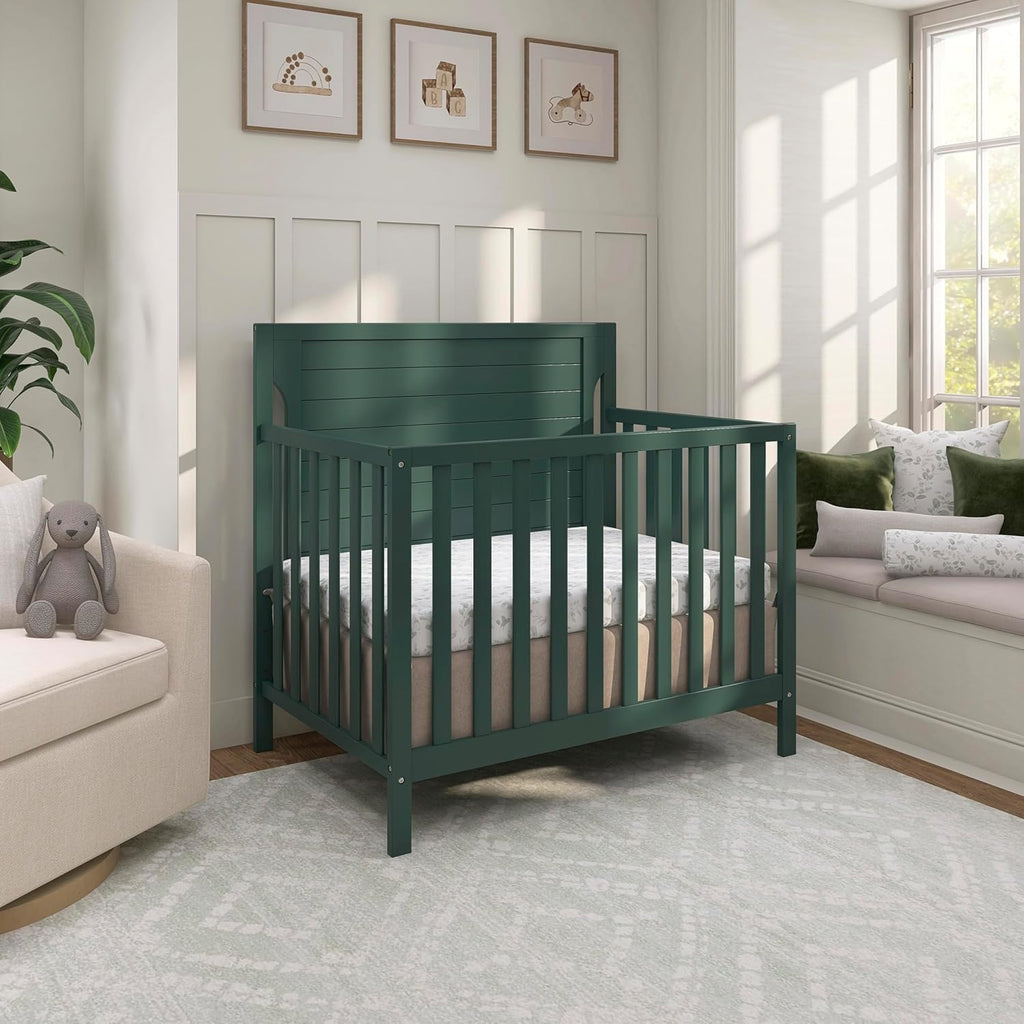 Dream On Me Bellport 4-in-1 Convertible Mini Baby Crib, Compact Design in Safari Green, GreenGuard Gold & BSA, Non-Toxic, Pinewood, Converts to Mini Daybed & Twin Bed, 1″ Mattress Pad