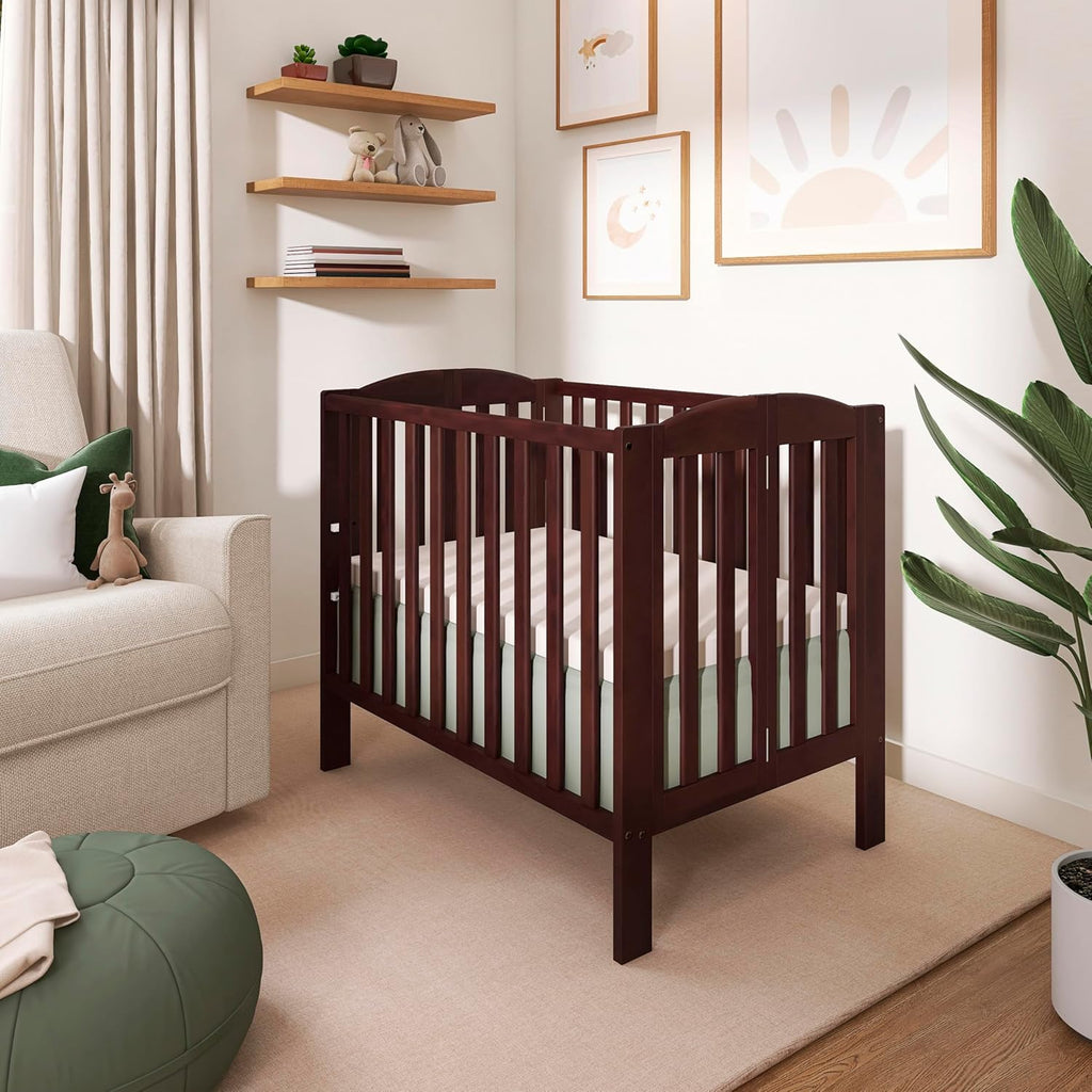Dream On Me 3-in-1 Portable Folding Stationary Side Mini Baby Crib in Espresso & Mattress, GreenGuard Gold & JPMA, Use as Changer & Playpen, Locking Wheels, 3 Mattress Heights, Extra Firm Mattress