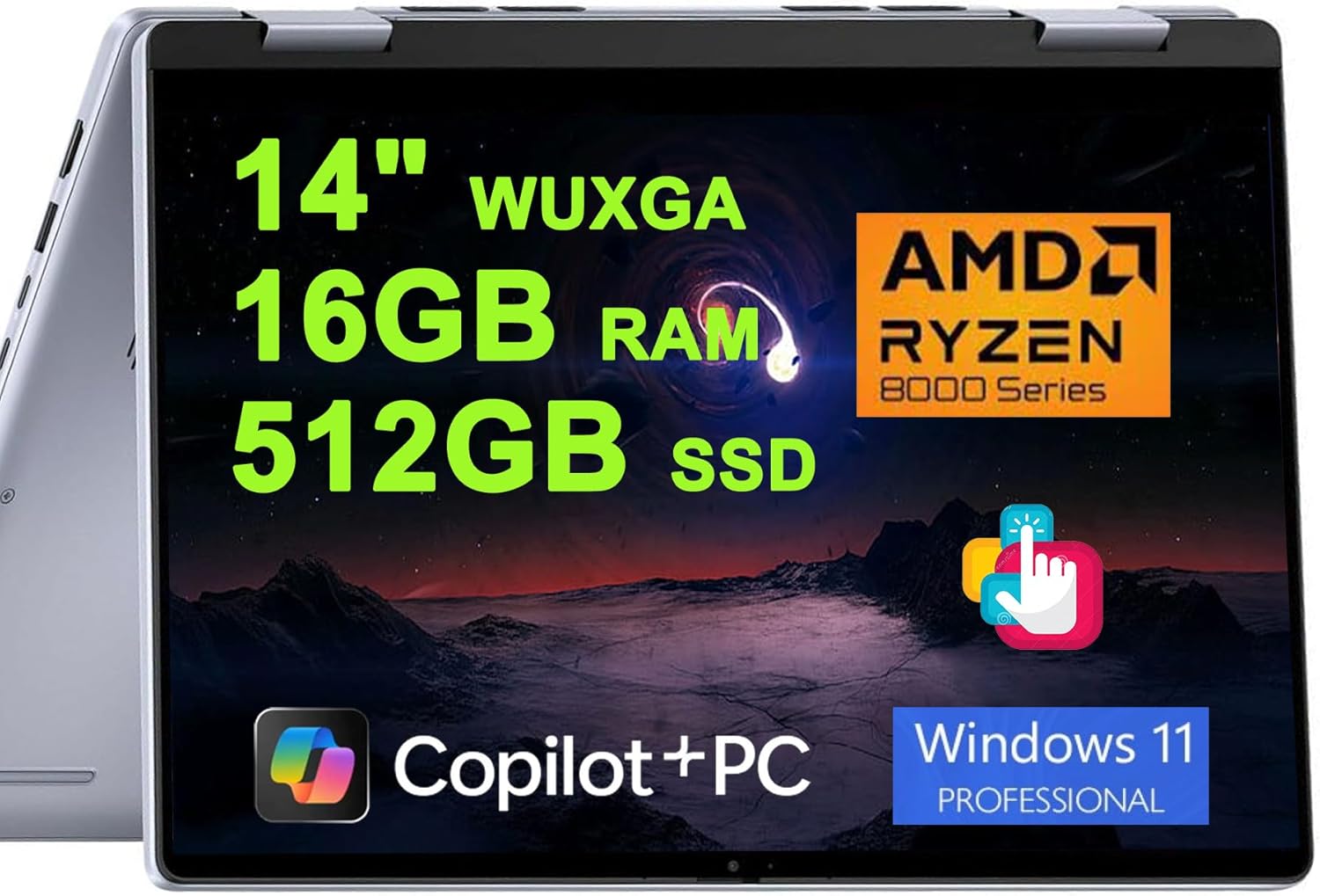 Dell Inspiron 14 7445 2-in-1 Laptop 14" WUXGA Comfortview Touchscreen AMD 6-core Ryzen 5 8640HS (>i7-1355U) 16GB RAM 512GB SSD Backlit for Creator Business Professional Win11Pro