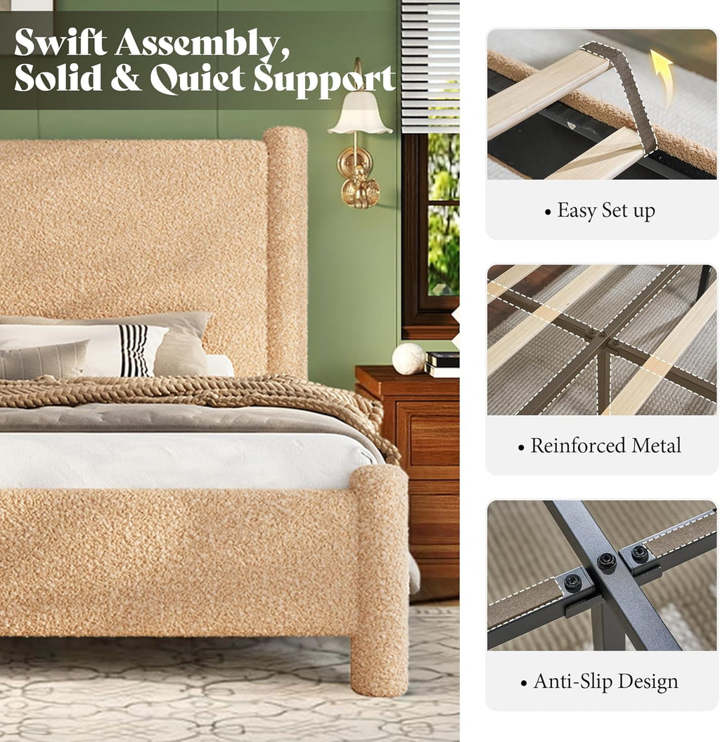 AMERLIFE Queen Boucle Cloud Upholstered Bed Frame with Cylinder Headboard, Modern Platform Structure, Sherpa Boucle Soft Design, No Box Spring Needed, Khaki