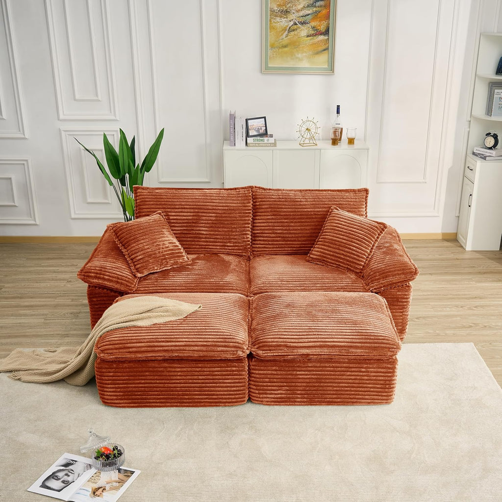 Oversized Double Sofa Chair with Movable 2-Layer Ottomans, Corduroy Chaise Lounge Chair with Armrests, Pillows, Oversized Accent Chairs Couch for Living Room, Bedroom, No Assembly (Orange)