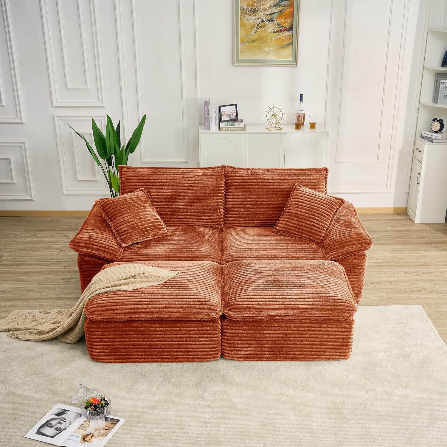 Oversized Double Sofa Chair with Movable 2-Layer Ottomans, Corduroy Chaise Lounge Chair with Armrests, Pillows, Oversized Accent Chairs Couch for Living Room, Bedroom, No Assembly (Orange)