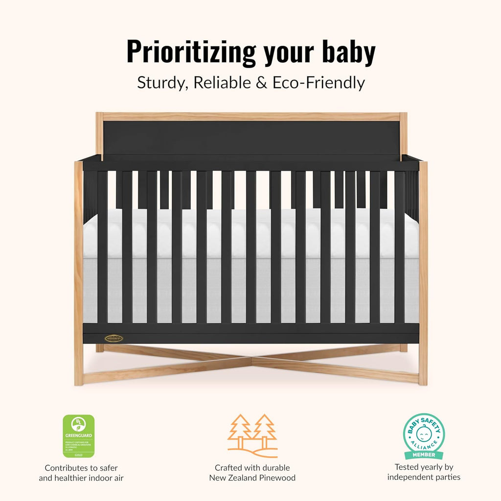 Dream On Me Owen 5-in-1 Convertible Full-Size Baby Crib in Matte Black, GreenGuard Gold & BSA, Converts to Toddler, Day, & Full-Size Bed, Non-Toxic Paint, Safe Sleep Environment