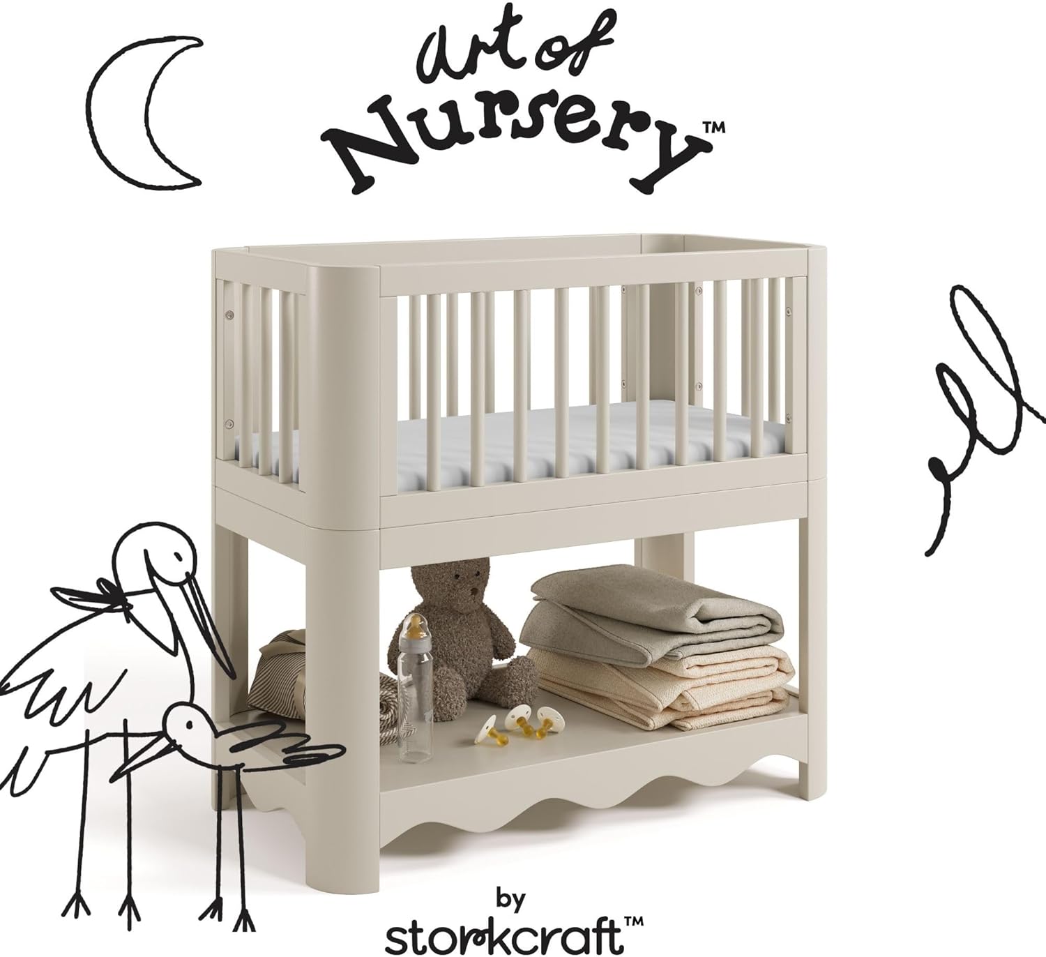 Storkcraft Casablanca 3-in-1 Convertible Bassinet – GREENGUARD Gold Certified Wood Baby Bassinet, Includes Water-Resistant Mattress, Converts to Toy Box and Bookcase (Frosted Oat)