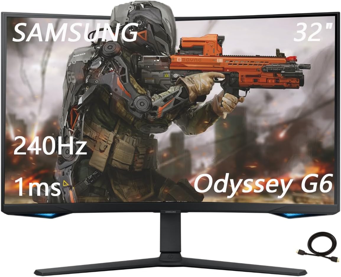 Samsung 32" Odyssey G65B Series Curved Gaming Monitor, 240Hz, 1ms, QHD 2560 x 1440, Swivel & Tilt Adjustable Stand, Smart TV Apps, Gaming Hub, Black, with HDMI Cable