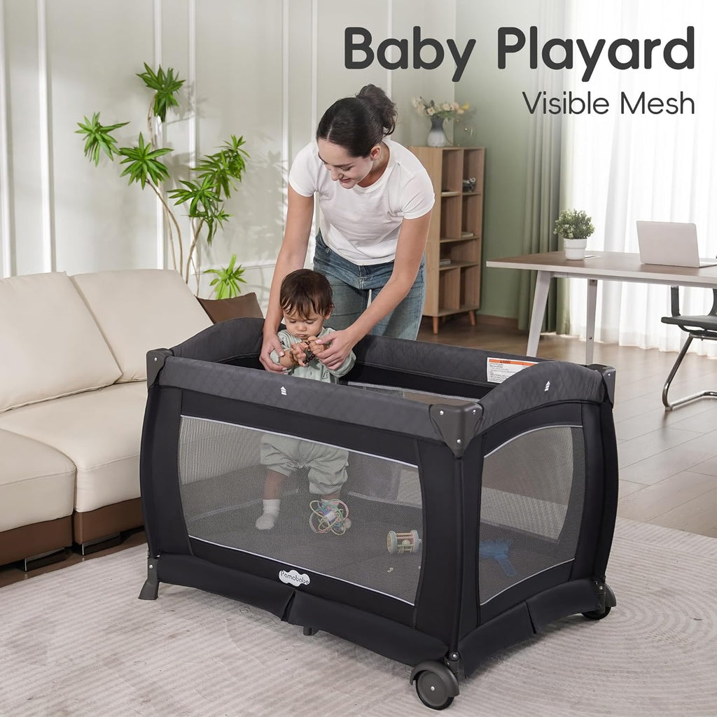 Pamo Babe Pack and Play 4 in 1 Playard Portable Playard Foldable Playpen for Baby and Toddler Portable Crib Mattress Diaper Changer for Newborn (Grey)