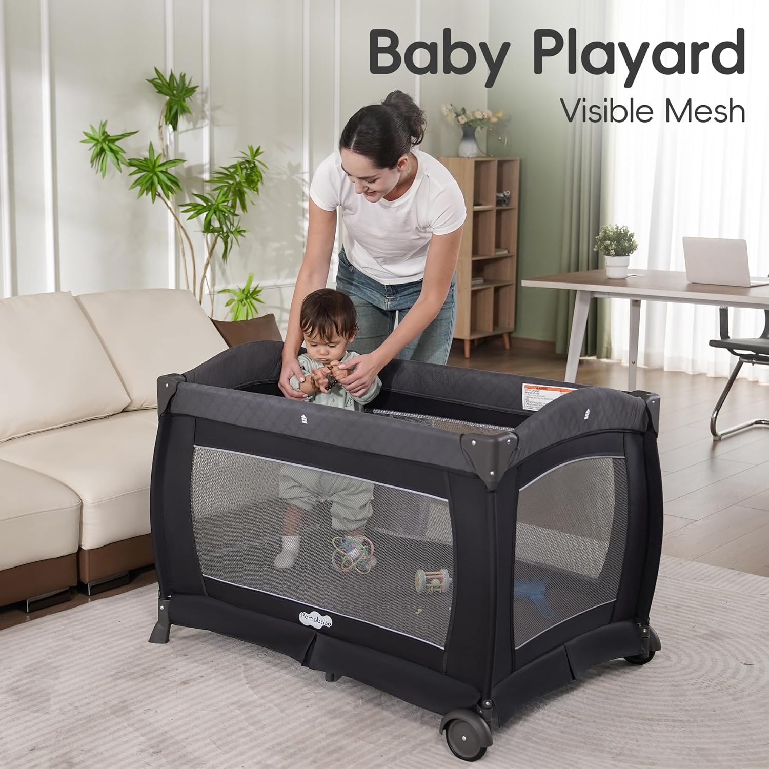 Pamo Babe Pack and Play 4 in 1 Playard Portable Playard Foldable Playpen for Baby and Toddler Portable Crib Mattress Diaper Changer for Newborn (Grey)