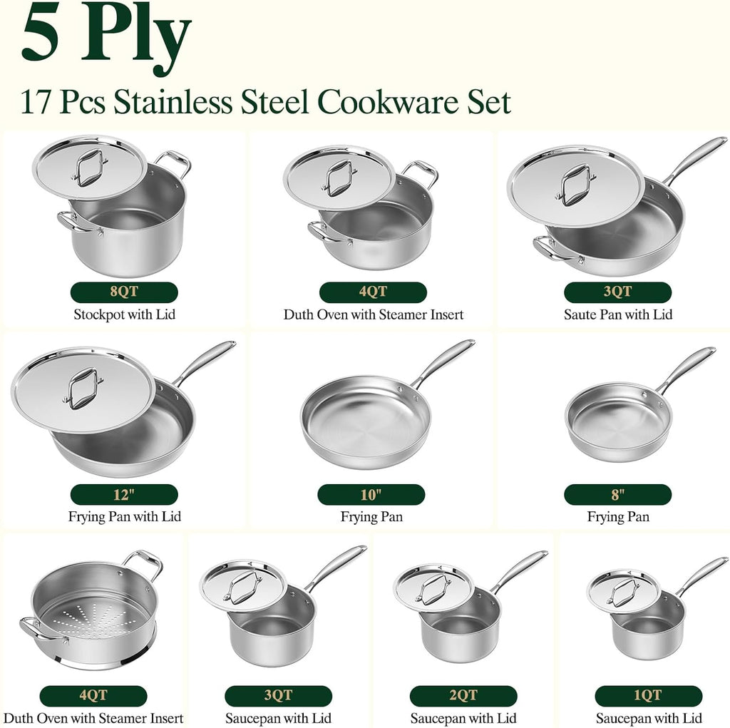 Umite Chef 17Pcs 5 Ply Clad Stainless Steel Cookware Set with Lids, Heavy Duty Pots and Pans Kitchen Set, Induction-Ready, Dual Aluminum Core for Even Heat, Cool Grip Handles, Dishwasher Safe