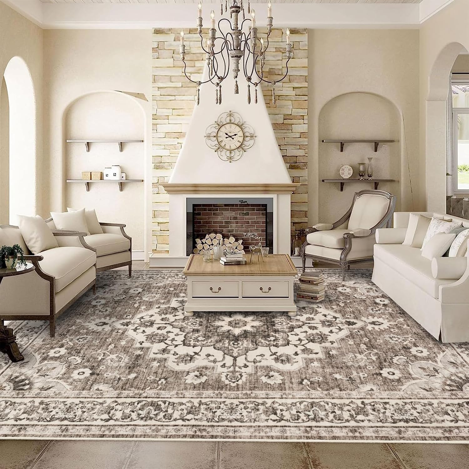 TOPRUUG Washable Oriental Area Rug - 9x12 Rugs for Living Room Soft Carpet for Bedroom Waterproof Floral Distressed Indoor Stain Resistant Non-Shedding Floor Carpets (Beige, 9x12)