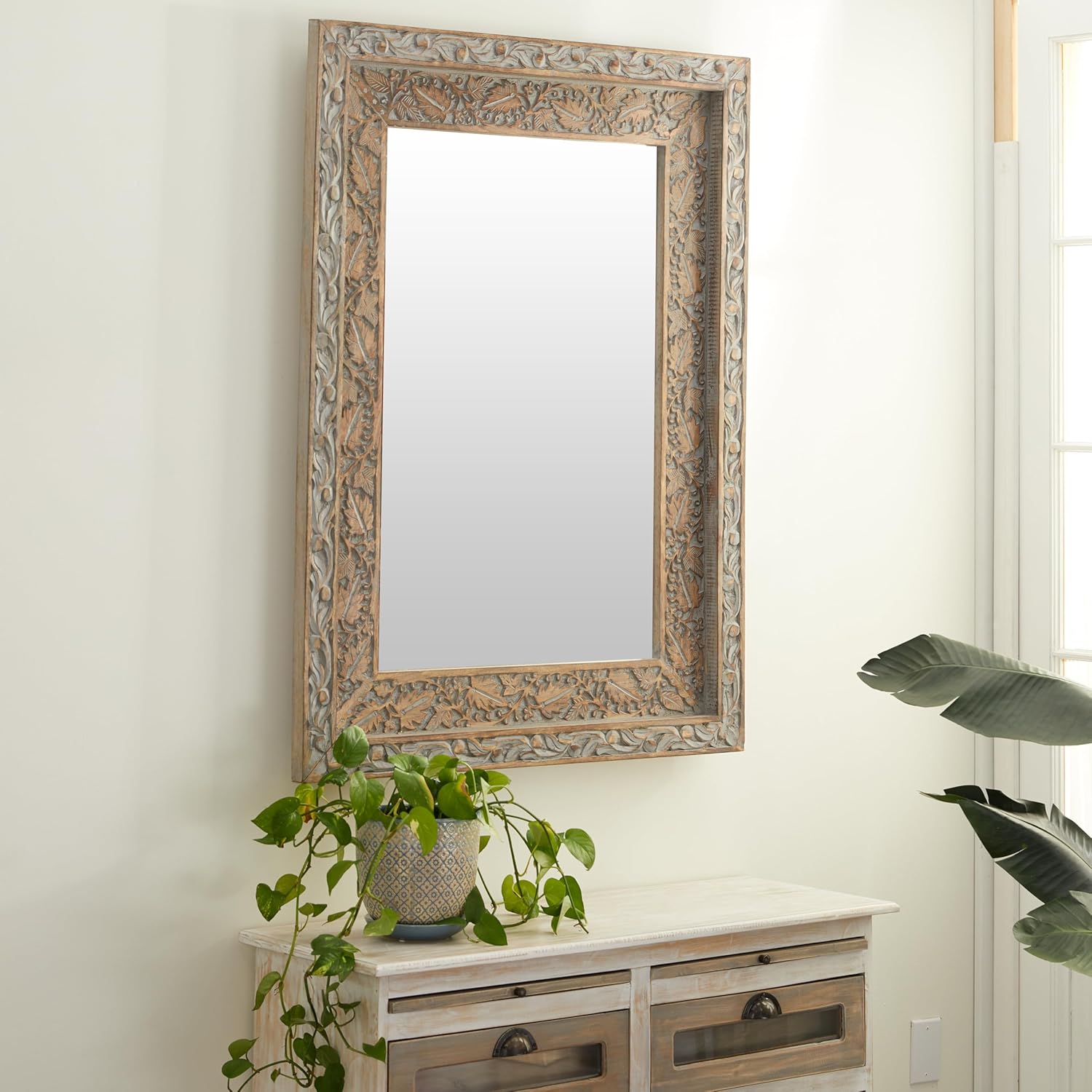 Deco 79 Wood Floral Handmade Room Wall Mirror Intricately Carved Entryway Mirror, Wall Mounted Mirror 36" x 3" x 48", Gray