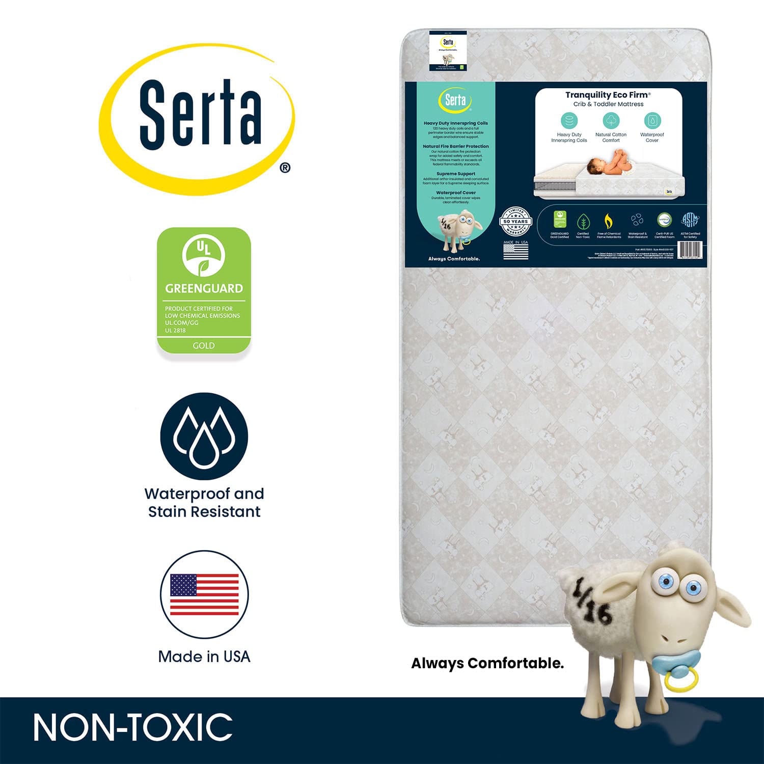 Serta Tranquility Eco Firm 2-Stage Baby Crib and Toddler Mattress - Waterproof Standard Baby Crib & Toddler Mattress - GREENGUARD Gold Certified- 52" L X 27.5" W (50 Year Warranty)