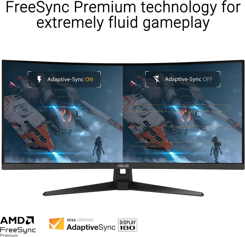 ASUS TUF Gaming 34” Ultra-Wide Curved Monitor (VG34VQ3B) – 21:9 QHD (3440x1440), 180Hz, 1ms, Extreme Low Motion Blur Sync, FreeSync Premium, Speaker, 90% DCI-P3, DisplayWidget Center, 3 yr Warranty