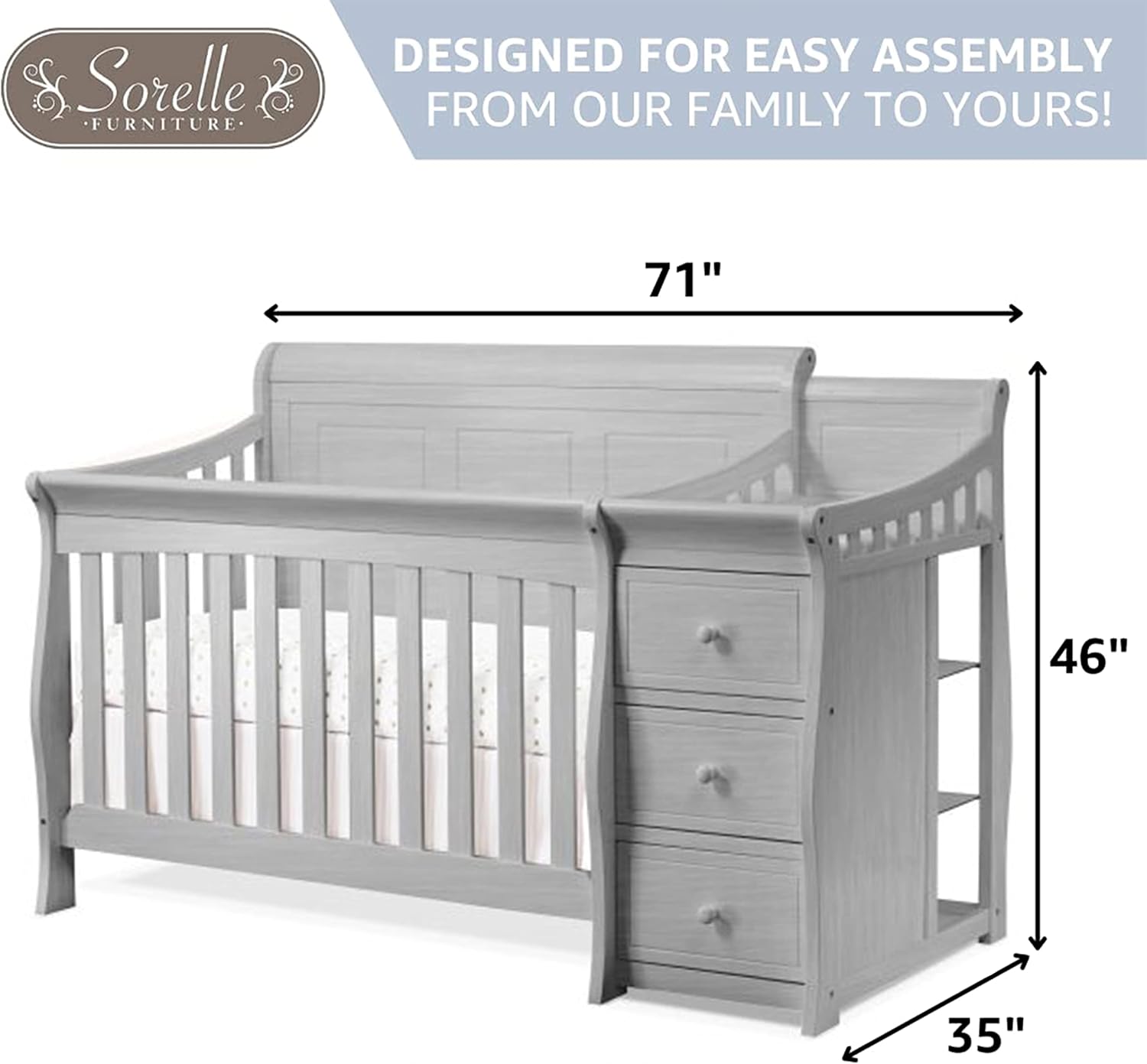 Sorelle Furniture Princeton Elite Crib and Changer with Solid Panel Back Classic -in- Convertible Diaper Changing Table Non-Toxic Finish Wooden Baby Bed Toddler Full-Size Nursery - Weathered Grey