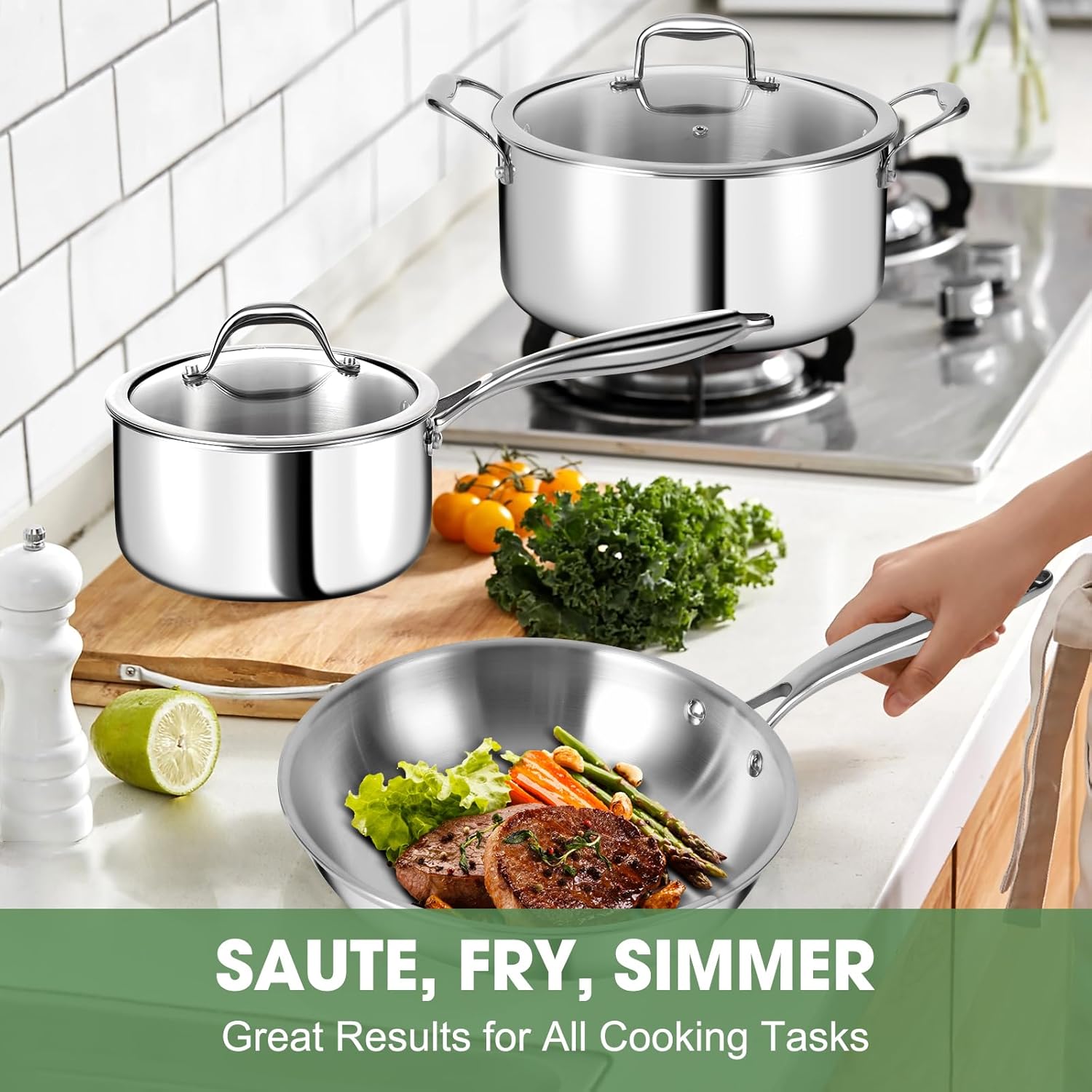 3 Ply Stainless Steel 11-Piece Cookware Set with Lids, Pots and Pans Kitchen Set, Non-Toxic, Induction, Oven, Dishwasher Safe, Professional Chef Quality