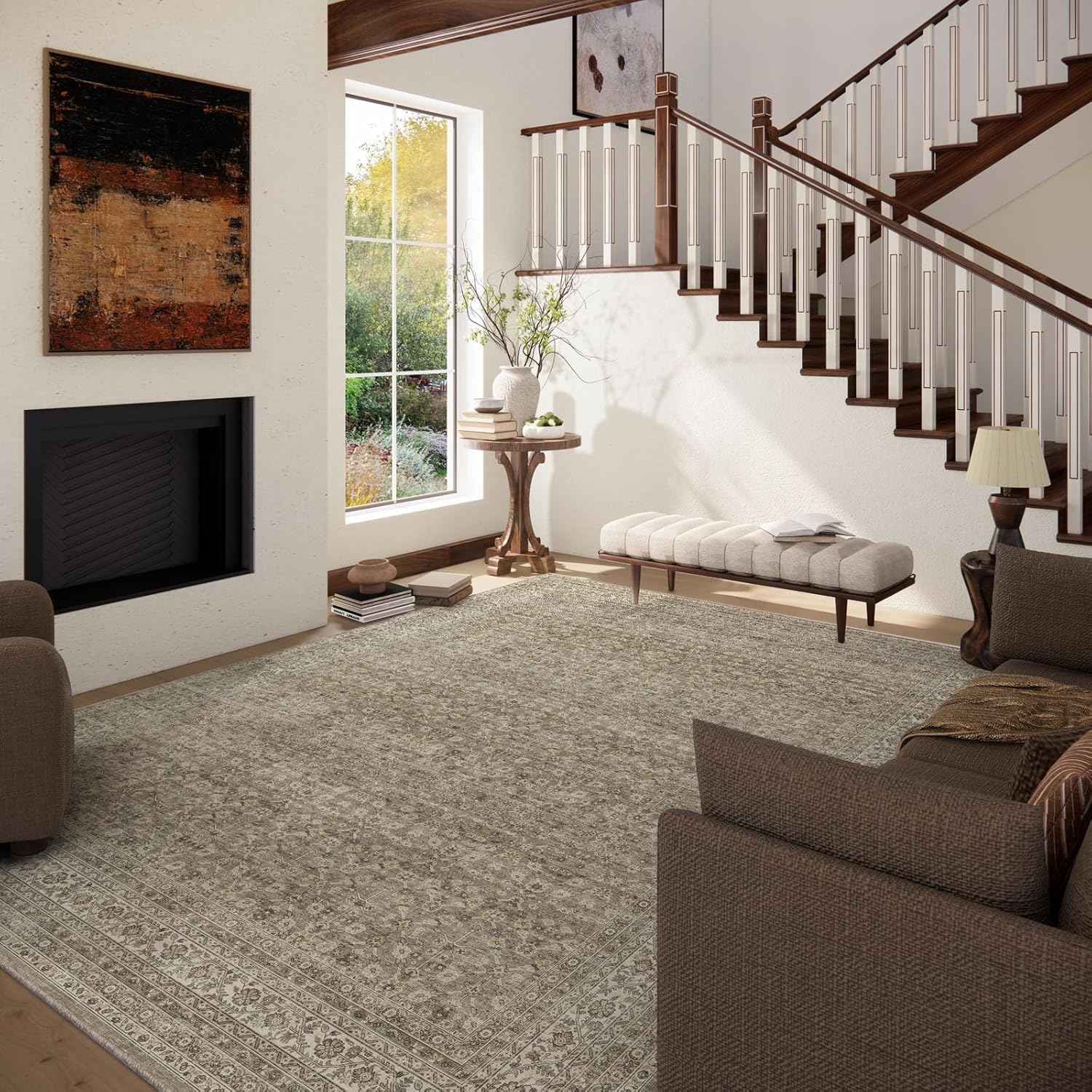 Washable Area Rugs for Living Room: 8x10 Bedroom Area Rug Boho Vintage Rugs Stain Resistant Non Slip Low Pile Soft Lightweight Carpet for Kitchen Dining Room Farmhouse Nursery Kids Room