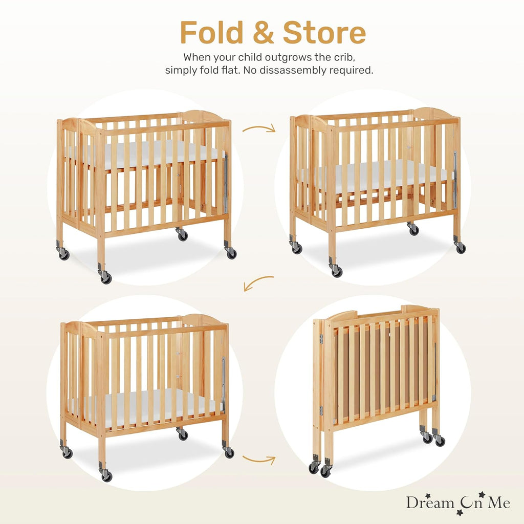 Dream On Me 3-in-1 Portable Mini Baby Crib in Natural, GreenGuard Gold & JPMA, Birchwood, Quick Fold Patent, Playpen or Changer, Storage or Travel, Heavy Duty Steel Castors, 3 Heights, 1″ Mattress Pad