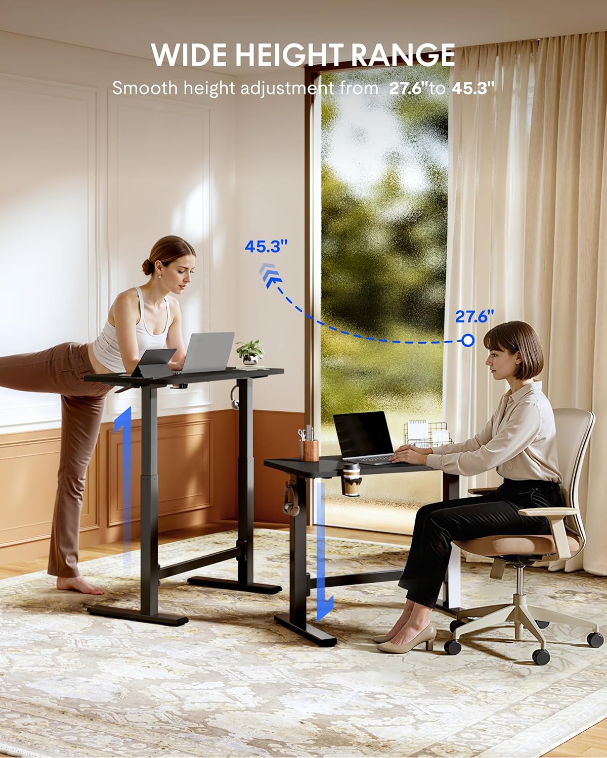 FLEXISPOT H7 Plus Gas Spring Adjustable Standing Desk, Mobile Rolling Sit-Stand Table with Wheels, Cordless Stand Up Desk for Small Spaces & Home Office, 40" One-Piece Desktop Black,Height 27.6"–45"