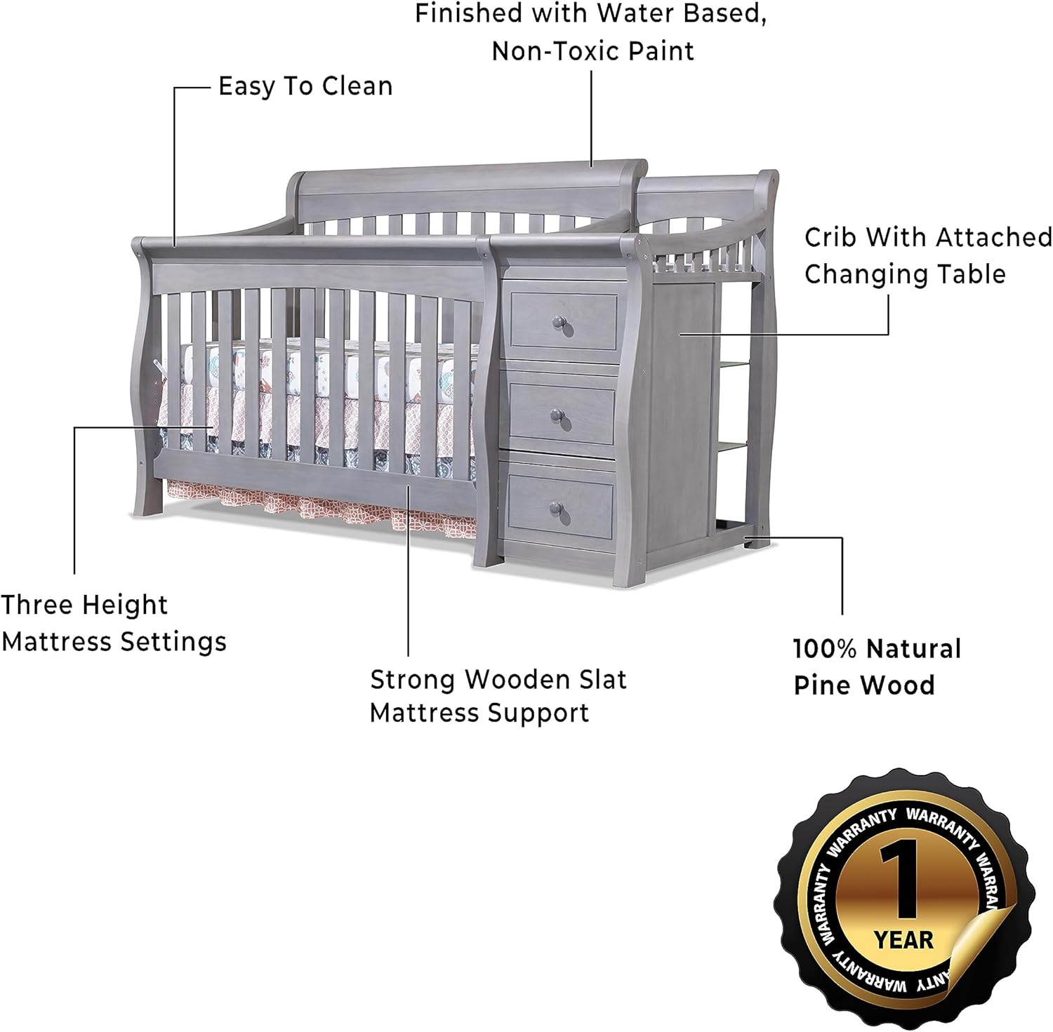 Sorelle Furniture Princeton Elite Crib and Changer Classic -in- Convertible Diaper Changing Table Made of Pine Wood Non-Toxic Wooden Baby Bed Toddler Childs Daybed Full-Size Nursery - Weathered Grey