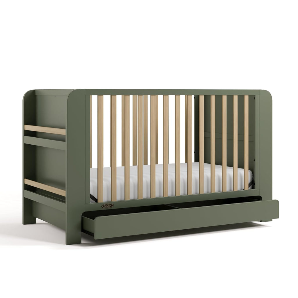Graco Read-with-Me 4-in-1 Convertible Crib with Drawer - GREENGUARD Gold Certified Converts to Toddler Bed, Daybed, and Functional Bookshelves (Olive and Driftwood)