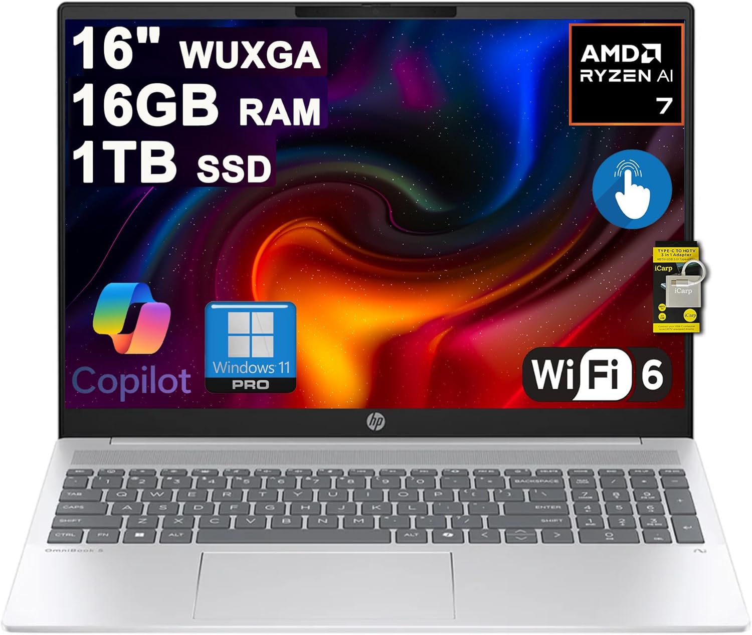 HP OmniBook 5 AI PC Laptop 16" WUXGA IPS Touch AMD 8-core Ryzen AI 7 350 (Up to 50 Tops) 16GB RAM 1TB SSD for Creator Designer Business Professional Backlit IR Camera Win11Pro ICP Hub