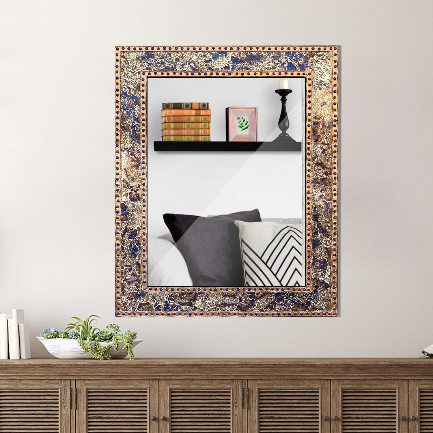 Mosaic 30X24 Crackled Glass Decorative Wall Mirror, Fired Gold
