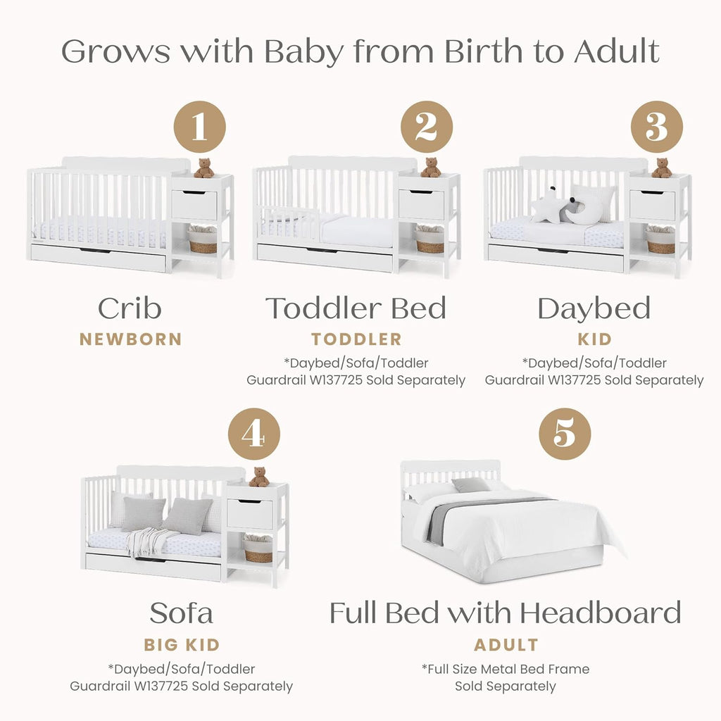 Delta Children Maya 5-in-1 Convertible Crib and Changer with Storage, Converts to Toddler Bed, Daybed, Sofa & Full Bed, Fits Standard Crib Mattress, 3 Mattress Heights for Baby Nursery, Bianca White