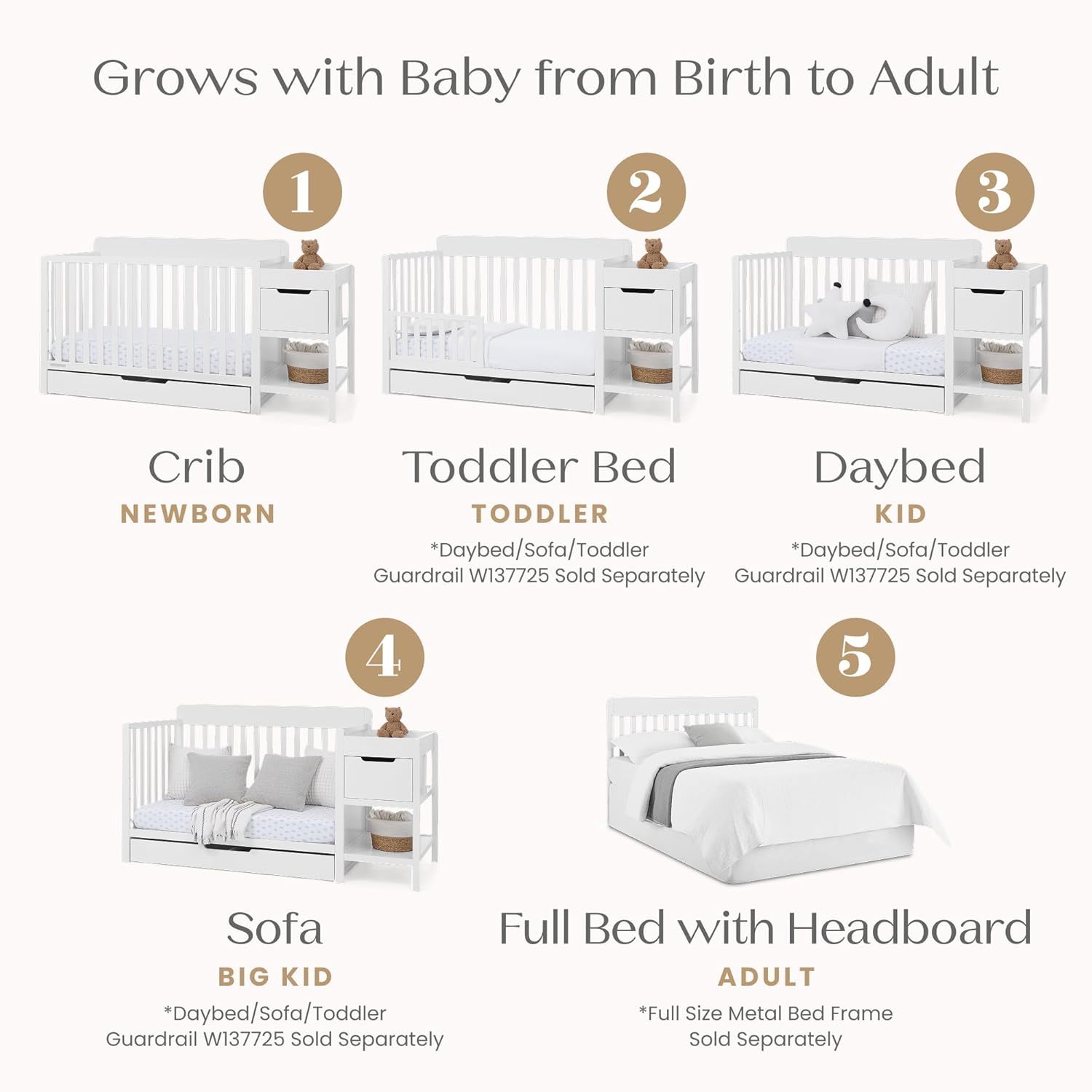 Delta Children Maya 5-in-1 Convertible Crib and Changer with Storage, Converts to Toddler Bed, Daybed, Sofa & Full Bed, Fits Standard Crib Mattress, 3 Mattress Heights for Baby Nursery, Bianca White