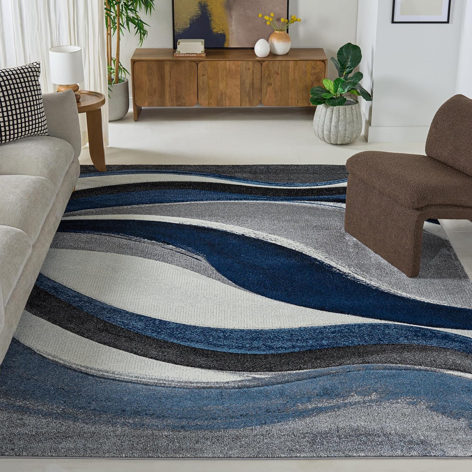 SAFAVIEH Area Rug 8x10 - Hollywood Collection - Large - Grey & Blue, Mid-Century Modern Design, Non-Shedding & Easy Cleaning, Ideal for Living Room, Bedroom, Office, Dining Space (HLW766F)