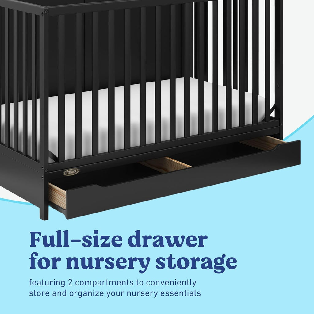 Graco Melrose 5-in-1 Convertible Crib with Drawer – GREENGUARD Gold Certified, Fits Standard Crib Mattress, Converts to Toddler Bed, Daybed and Full Bed, 4 Adjustable Mattress Heights (Black)