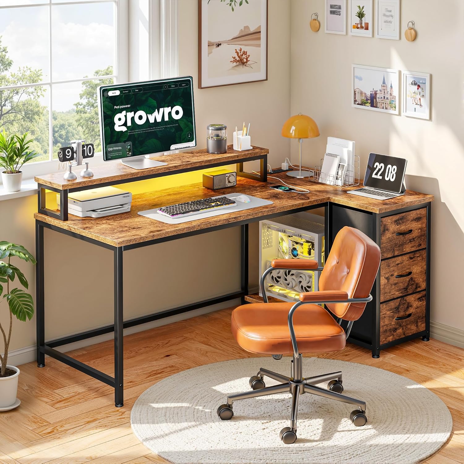 EnHomee 40''L Shaped Desk with 3 Drawers, Computer Desk with Monitor Stand, Small Gaming Desk with Power Outlet, Corner Desk with LED Lights for Gaming, Home Office, Study Room, Rustic Brown
