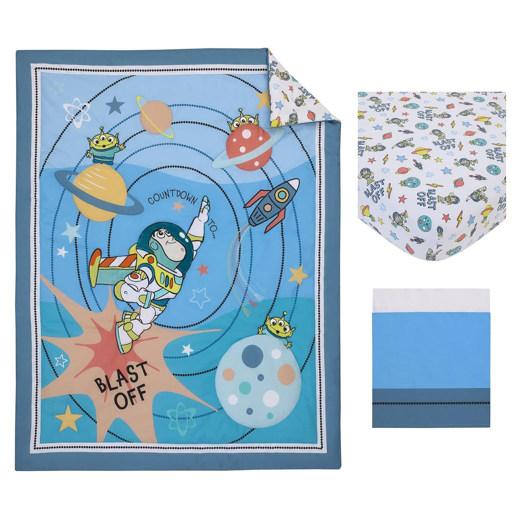 NoJo Disney Toy Story Buzz Lightyear Blue, Orange, and Yellow Countdown to Blast-Off 3 Piece Nursery Crib Bedding Set - Comforter, 100% Cotton Fitted Crib Sheet and Crib Skirt