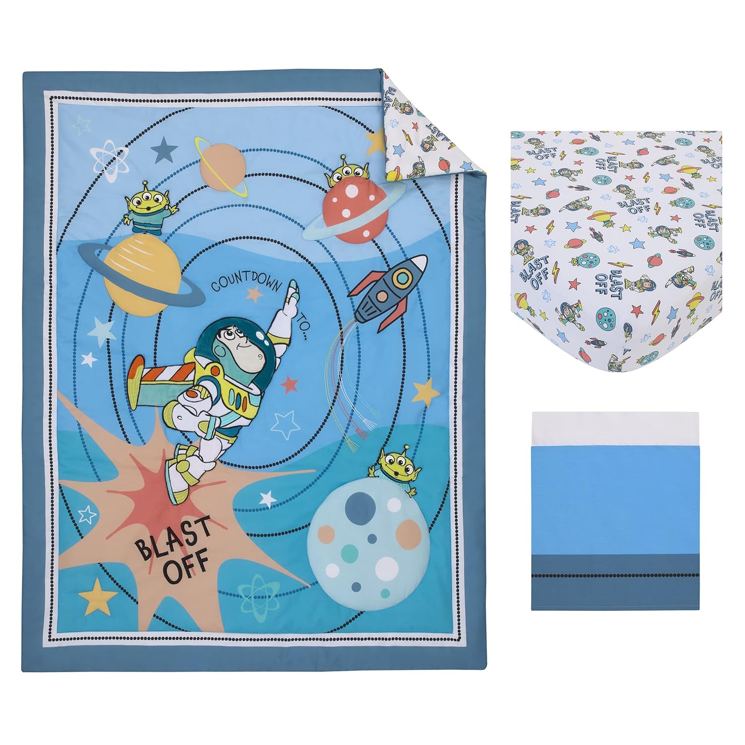 NoJo Disney Toy Story Buzz Lightyear Blue, Orange, and Yellow Countdown to Blast-Off 3 Piece Nursery Crib Bedding Set - Comforter, 100% Cotton Fitted Crib Sheet and Crib Skirt