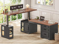 SEDETA Farmhouse L Shaped Electric Standing Desk, 63" x 67" Height Adjustable Office Executive Desk with Drawers and Shelves, Standing Computer Desks with Power Outlet for Home Office, Black+Brown