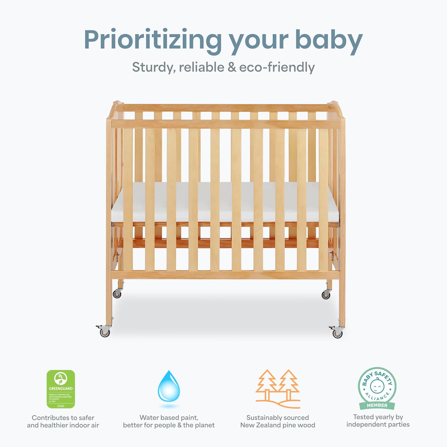 Dream On Me 3-in-1 Portable Folding Stationary Side Mini Baby Crib in Natural & Mattress, GreenGuard Gold & BSA, Use as Changer & Playpen, Locking Wheels, 3 Mattress Heights, Extra Firm Mattress