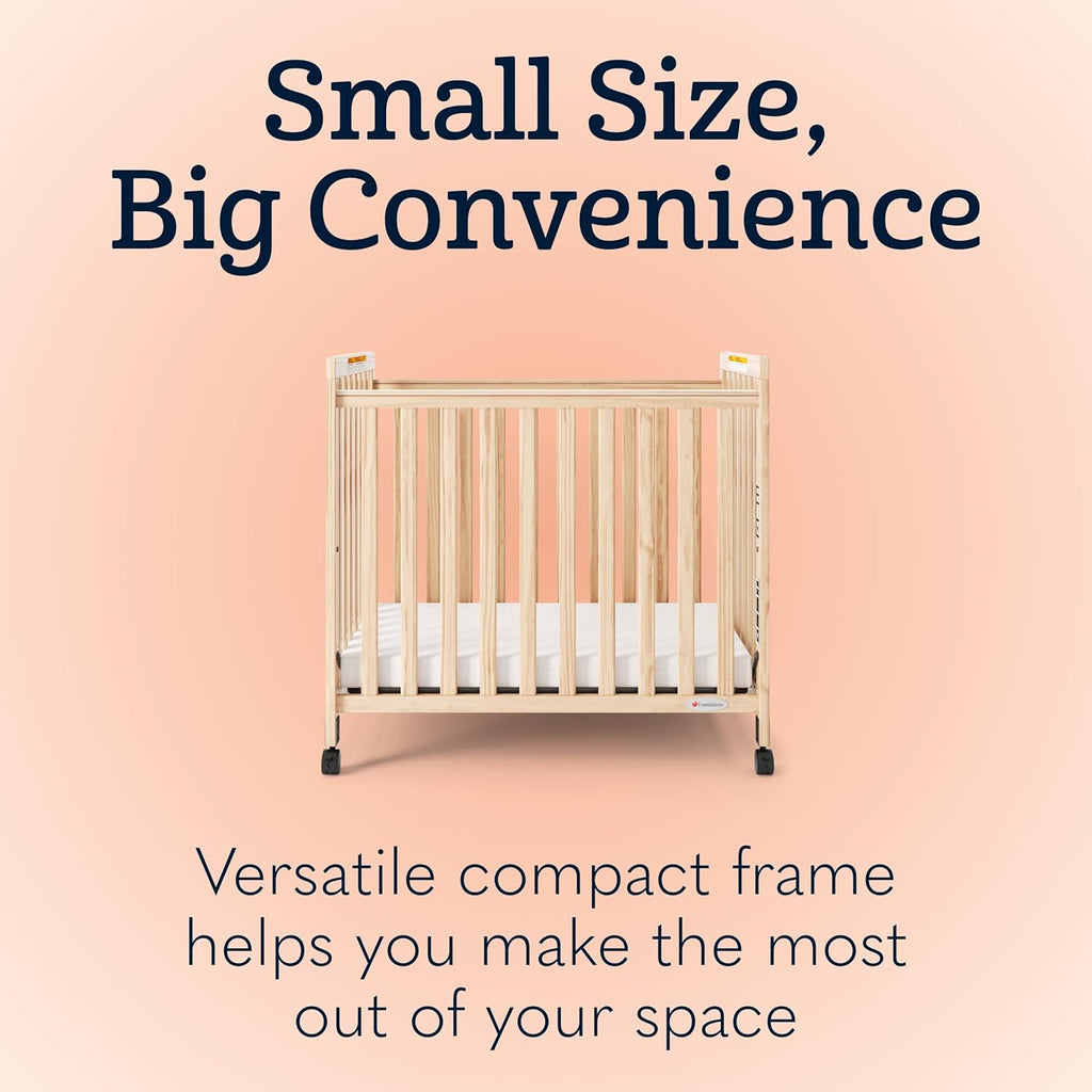 Foundations SafetyCraft Compact Slatted Daycare Crib, Durable Wood Construction, Non-Marking Casters (2 Locking), Includes 3” InfaPure Foam Mattress, Natural