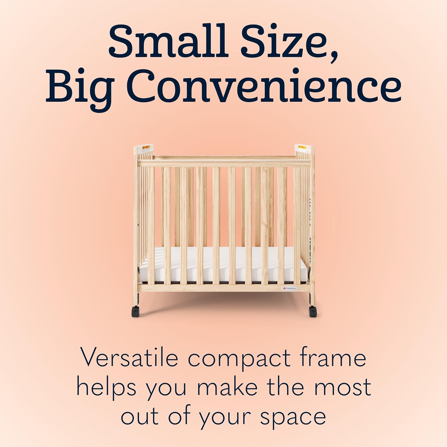 Foundations SafetyCraft Compact Slatted Daycare Crib, Durable Wood Construction, Non-Marking Casters (2 Locking), Includes 3” InfaPure Foam Mattress, Natural