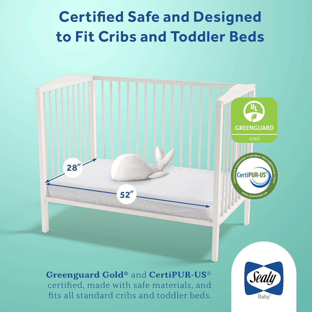 Sealy Baby Posturepedic Grace Hybrid - Firm 2 Stage Breathable Crib Mattress with Waterproof Barrier - GREENGUARD Gold Certified, Soy-enhanced Foam for Infants and Toddlers, Made in the USA (52x28")