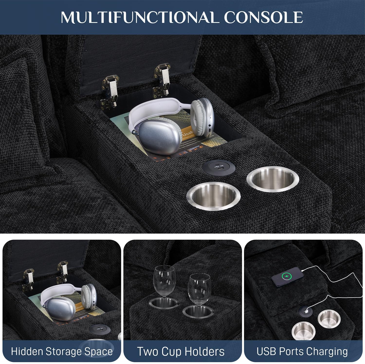 133" Oversized U Shaped Cloud Couch Modular Sectional Couches for Living Room Comfy Chenille Deep Seat Sofa Set with Double Chaise Lounge, Storage Central Console, Cup Holders, USB Port, Dark Black