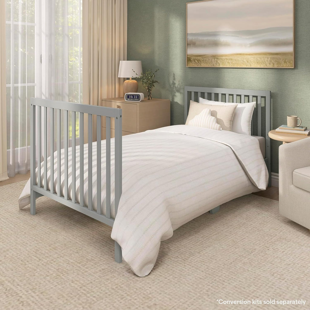 Dream On Me Edgewood 4-in-1 Convertible Mini Baby Crib in Cool Grey GreenGuard Gold & BSA, Non-Toxic, Compact 40×25×33″ Design, Converts to Mini Daybed & Twin Bed (Rails to Buy) 1″ Mattress Pad